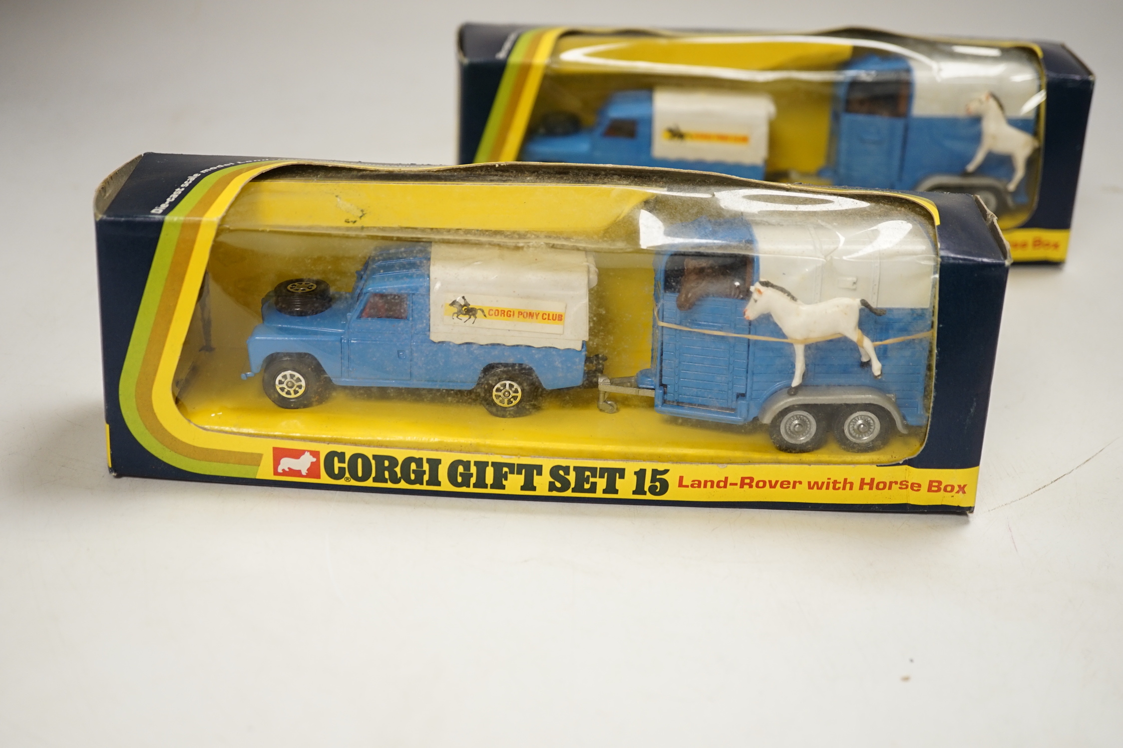 Two boxed Corgi Toys Gift Set 15; Land-Rover with Rice’s Beaufort Double Horse Box, both complete with horses